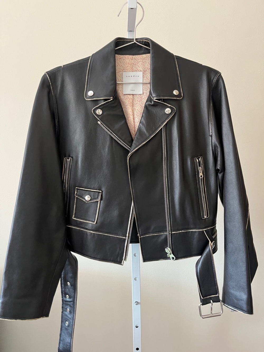 Sandro Black Leather Moto Jacket with Contrast Stitching